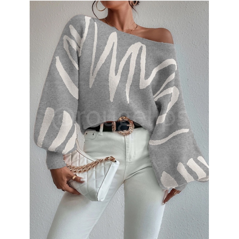 Knit Graphic Pullover Sweater Off White Grey Bishop Sleeve - Picture 2 of 10